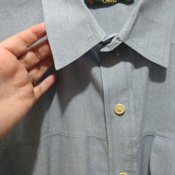 Vintage Orvis Fishing Lightweight Short Sleeved Chambray 1 Pocket Button Down L - Picture 6 of 11